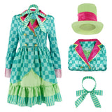 Hatter Costume Women Mad Tea Party Halloween Cosplay Dress with Bowtie Top Hat Leggings Mardi Gras Parade Outfits - Green - Size M