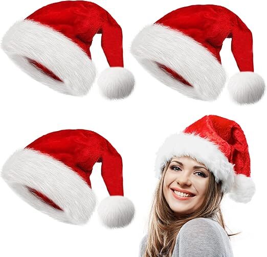 NNEDSZ 3Pack Christmas Santa Hats for Adults - Extra Thicken Velvet Santa Claus Hats for Women Men Fluffy Plush Xmas Hats Christmas Party Supplies New Year's Eve Party Hats for Adults Teenagers