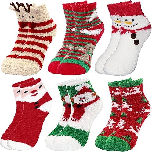 NNEDSZ Christmas Socks - 6 Pairs Cozy Warm Fluffy Plush Bed Socks for Women, Girls - Cute Coral Fleece Xmas Indoor