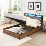Gas Lift Bed Frame with Storage, Double Size Wooden Slats Platform Bed Frame with LED Lights and Charging Station, No Box Spring Needed, Noise Free, Rustic Brown