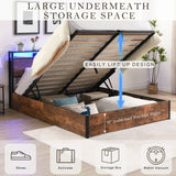Gas Lift Bed Frame with Storage, Queen Size Wooden Slats Platform Bed Frame with LED Lights and Charging Station, No Box Spring Needed, Noise Free, Rustic Brown