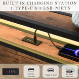 Gas Lift Bed Frame with Storage, Queen Size Wooden Slats Platform Bed Frame with LED Lights and Charging Station, No Box Spring Needed, Noise Free, Rustic Brown