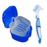 Denture Bath Case Cup Box Holder Storage Container with Denture Cleaner Brush Strainer Basket for Travel Cleaning, Blue