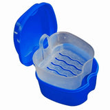 Denture Bath Case Cup Box Holder Storage Container with Denture Cleaner Brush Strainer Basket for Travel Cleaning, Blue