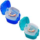 Denture Bath Case Cup Box Holder Storage Container with Denture Cleaner Brush Strainer Basket for Travel Cleaning, Blue