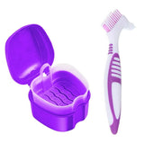 Denture Bath Case with Cleaner Brush and Strainer Basket, Denture Cup Box Holder Storage Container for Travel Cleaning, Purple