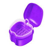 Denture Bath Case with Cleaner Brush and Strainer Basket, Denture Cup Box Holder Storage Container for Travel Cleaning, Purple