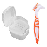 Denture Bath Case Cup Box Holder Storage Container with Cleaner Brush Strainer Basket for Travel Cleaning, White