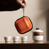 4 Pieces Portable Ceramic Tea Set with Teapot, Cups and Carry Case for Travelling, Camping, Picnics and Everyday Tea Service, White