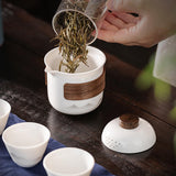 4 Pieces Portable Ceramic Tea Set with Teapot, Cups and Carry Case for Travelling, Camping, Picnics and Everyday Tea Service, White