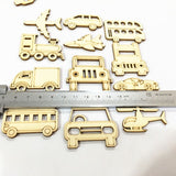 Natural Wood Slices 30pcs Laser Cut Wood Embellishment Wooden Transportation Truck Car Helicopter Shape Craft