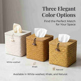 Natural Woven Straw Tissue Box Holder with Lid, Cube Rattan Napkin Box Cover for Vanity Countertop Home Rustic Decor, Khaki