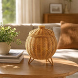 Small Rattan Basket Box with Lid, Handmade Woven Round Storage Basket, Multi-purpose Wicker Bowl, Decorative Farmhouse Basket Bin for Shelf, Home, Bathroom, Picnic