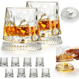 Whiskey Glasses 2 Pcs Rotatable Crystal Glass Cups, 360° Spinning Whiskey Tumbler with Stable Base, Old Fashioned Glass for Scotch Bourbon Cocktails, Drinking Glasses for Home Bar Gift