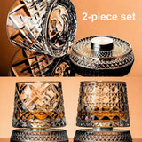 Whiskey Glasses 2 Pcs Rotatable Crystal Glass Cups, 360° Spinning Whiskey Tumbler with Stable Base, Old Fashioned Glass for Scotch Bourbon Cocktails, Drinking Glasses for Home Bar Gift
