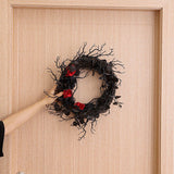 Black Halloween Eucalyptus Leaf Flower Ring Red Rose Happy Halloween Wreath Front Door Artificial Black Eucalyptus Branch