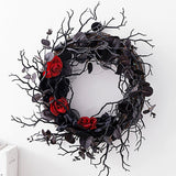 Black Halloween Eucalyptus Leaf Flower Ring Red Rose Happy Halloween Wreath Front Door Artificial Black Eucalyptus Branch