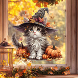 Halloween Cute Witch Kitten Pumpkin Maple Leaf Window Sticker, Removable Fall Cat Glass Decal for Halloween Thanksgiving Window Home Decorations Multicolour