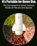 White electric coffee grinder, automatic spice grinder, rechargeable, salt grinder, pepper grinder, adjustable coarseness, detachable design, kitchen tool.