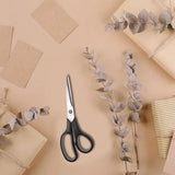 Gray multi-purpose scissors with an 8-inch ergonomic and comfortable grip, ultra-sharp stainless steel blades, heavy-duty sewing scissors suitable for crafts, office sewing, home and school use.