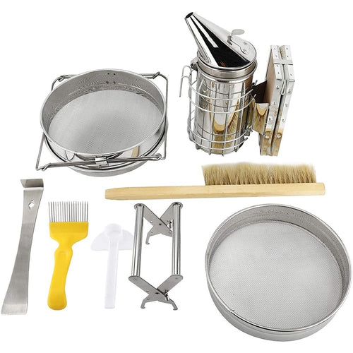 NNEDSZ 7 Pcs Beekeeping Tool Kit Including Honey Strainer, Frame Grip, J-Hook tool, Entrance Feeder