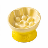 Anti-Gulp Elevated Cat Bowl 180g Ceramic Slow Feeder Paw Print Sunny Yellow Tall Stem 200ml Tilted Design for Home