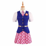 Pink Plaid Skirt Blue Vest Cosplay Costume Full Set Shirt Tie Badge S Halloween Fancy Dress Party Outfit