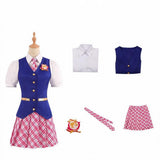 Women's Schoolgirl Cosplay Uniform Blue Button Vest Pink Check Mini Skirt White Shirt Tie Badge Full Set L Halloween Party Dress