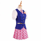 Women's Schoolgirl Cosplay Uniform Blue Button Vest Pink Check Mini Skirt White Shirt Tie Badge Full Set L Halloween Party Dress