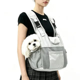 Lightweight breathable nylon pet backpack with front mesh head-out design, wide shoulder straps, anti-slip base, spacious interior, perfect for commute, shopping, walks, and short trips.