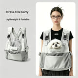Lightweight breathable nylon pet backpack with front mesh head-out design, wide shoulder straps, anti-slip base, spacious interior, perfect for commute, shopping, walks, and short trips.
