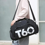 T60 Upgraded Sports Bag: Wet-Dry Separation + Independent Shoe Compartment, Large Capacity, Multiple Carry Options – A Must-Have for Travel./White characters on black background