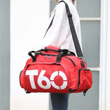 T60 Upgraded Sports Bag: Wet-Dry Separation + Independent Shoe Compartment, Large Capacity, Multiple Carry Options – A Must-Have for Travel./White characters on black background