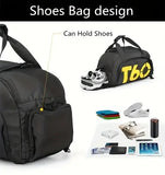T60 Upgraded Sports Bag: Wet-Dry Separation + Independent Shoe Compartment, Large Capacity, Multiple Carry Options – A Must-Have for Travel./White characters on black background