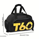 T60 Upgraded Sports Bag: Wet-Dry Separation + Independent Shoe Compartment, Large Capacity, Multiple Carry Options – A Must-Have for Travel./Yellow characters on black background