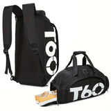 T60 Upgraded Sports Bag: Wet-Dry Separation + Independent Shoe Compartment, Large Capacity, Multiple Carry Options – A Must-Have for Travel./Yellow characters on black background
