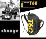T60 Upgraded Sports Bag: Wet-Dry Separation + Independent Shoe Compartment, Large Capacity, Multiple Carry Options – A Must-Have for Travel./Yellow characters on black background