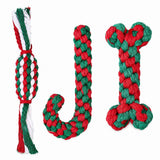 Christmas dog cotton rope toy 3-pack, red/green/white knitted bone/candy cane/candy designs, eco-friendly durable chew & dental care, interactive play for small & medium dogs, perfect holiday gift.