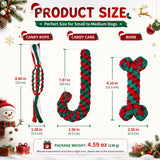Christmas dog cotton rope toy 3-pack, red/green/white knitted bone/candy cane/candy designs, eco-friendly durable chew & dental care, interactive play for small & medium dogs, perfect holiday gift.