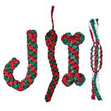 Christmas dog cotton rope toy 3-pack, red/green/white knitted bone/candy cane/candy designs, eco-friendly durable chew & dental care, interactive play for small & medium dogs, perfect holiday gift.
