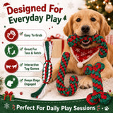 Christmas dog cotton rope toy 4-pack, red/green/white knitted bone/candy cane/candy designs, eco-friendly durable chew & dental care, interactive play for small & medium dogs, perfect holiday gift.