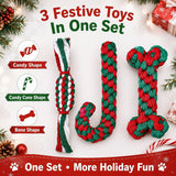 Christmas dog cotton rope toy 4-pack, red/green/white knitted bone/candy cane/candy designs, eco-friendly durable chew & dental care, interactive play for small & medium dogs, perfect holiday gift.