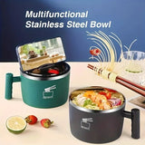304 Stainless Steel Noodle Bowl: 1000ml Large Capacity, Double-Layer Insulation (No Burns), Leak-Proof Seal with Drainage, Solo Dining, Slow Living./GREEN