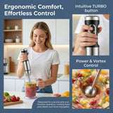 4-in-1 Hand Blender, Blends, Chops, Whisks, and Grinds All in One Machine, 25-Speed Adjustment with TURBO Boost, Splash-Proof and Easy to Disassemble and Clean – Your All-in-One Kitchen Partner.
