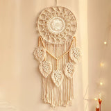 Bohemian Handwoven Wooden Bead Leaf Round Tapestry: Cotton Lace Hollow Tassel, Natural Healing Wall Decoration/sandy beige