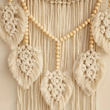Bohemian Handwoven Wooden Bead Leaf Round Tapestry: Cotton Lace Hollow Tassel, Natural Healing Wall Decoration/sandy beige