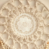 Bohemian Handwoven Wooden Bead Leaf Round Tapestry: Cotton Lace Hollow Tassel, Natural Healing Wall Decoration/sandy beige