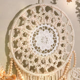 Bohemian Handwoven Wooden Bead Leaf Round Tapestry: Cotton Lace Hollow Tassel, Natural Healing Wall Decoration/sandy beige