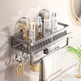 Nail-Free Suction Cup Bathroom Shelf, Twist-On Instant Installation, Dual Adsorption Gets Stronger Over Time, Space Aluminum with Drainage and Rust Proof, No-Trace Removal for Flexible Relocation./Gun ash -40cm with rod and hook