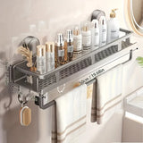 Nail-Free Suction Cup Bathroom Shelf, Twist-On Instant Installation, Dual Adsorption Gets Stronger Over Time, Space Aluminum with Drainage and Rust Proof, No-Trace Removal for Flexible Relocation./Gun ash -50cm with rod and hook